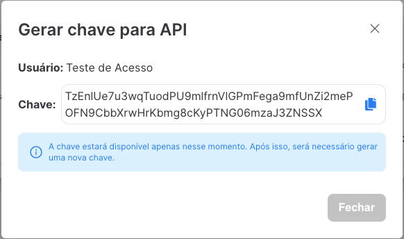 Chave de API gerada